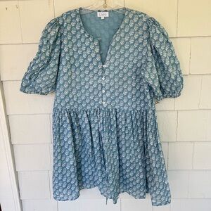 Livro Blockprinted Short Sleeve Mini Dress Blue White size Large